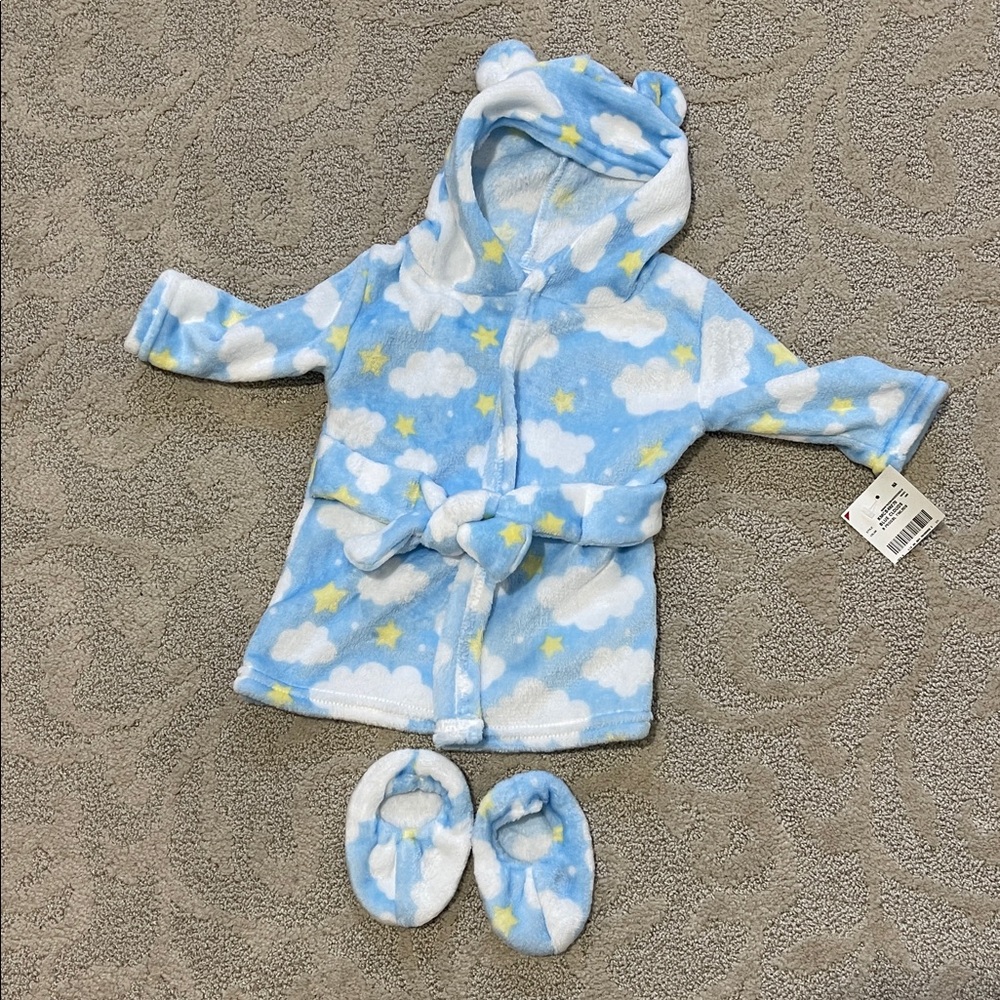 BNWT MON CHERI CLOUDS & STARS BLUE PLUSH HOODIE ROBE WITH SLIPPERS SIZE 0-9 M